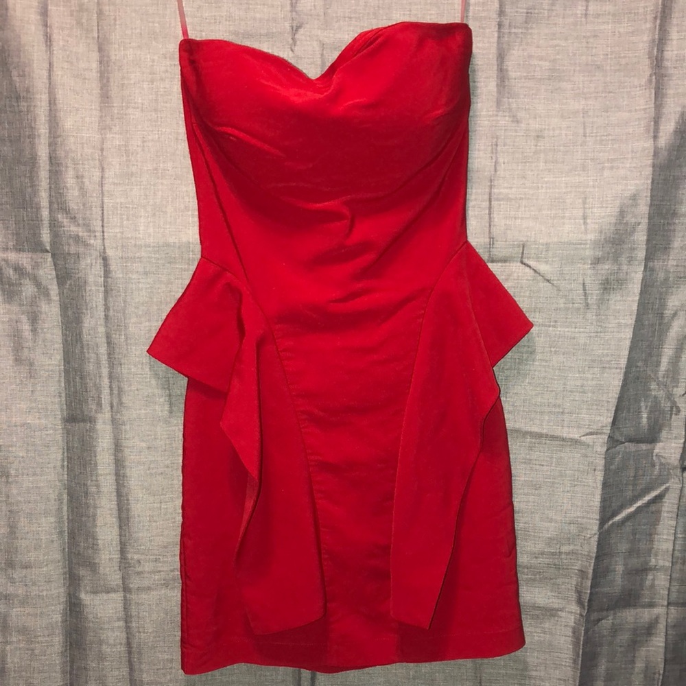Mandee Padded Strapless Red Mini Dress with Ruffle on each side (SIZE SMALL)